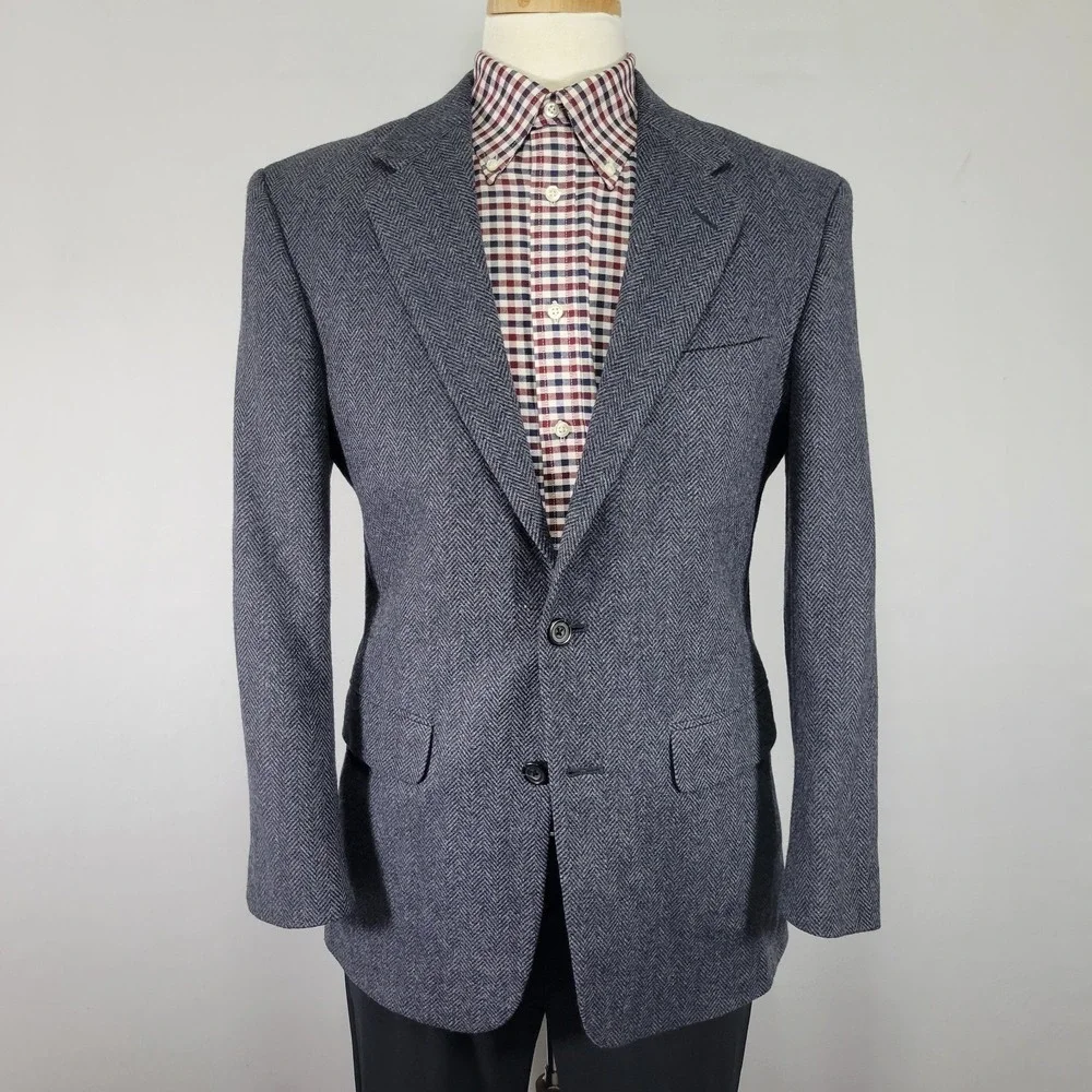 John‎ Alexander Men's Tweed Sport Coat Blazer Navy Herringbone Lambs Wool 38R